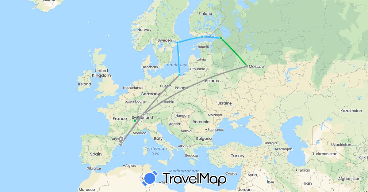 TravelMap itinerary: driving, bus, plane, boat in Switzerland, Spain, Finland, Poland, Russia, Sweden (Europe)